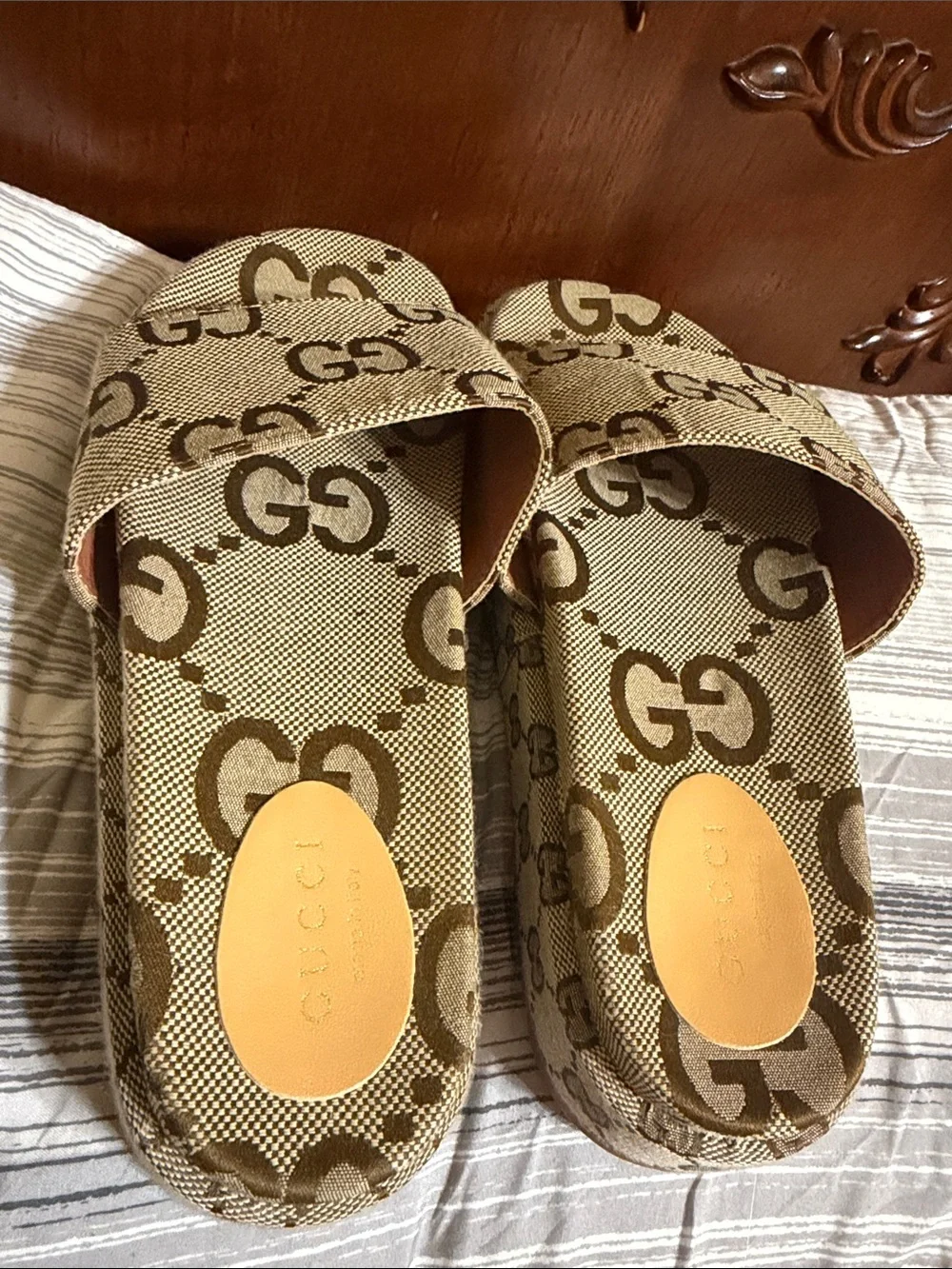 Gucci Brown & Beige GG Canvas Slide Sandals Platform Slidders size 44